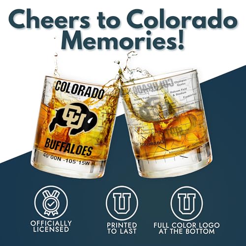 Image of Greenline Goods - University of Colorado Buffaloes College Whiskey Glasses (Set of 2), 10 oz - Full-Color Logo + Campus Map