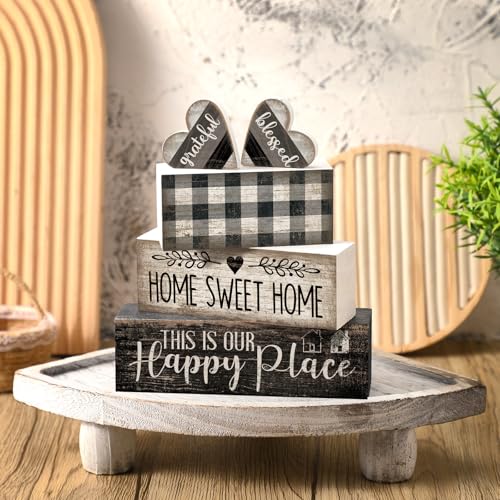 Image of Moucuny 4 Pcs Farmhouse Decor Black and White Farmhouse Tiered Tray Decorations Home Sweet Home Table Centerpiece Wooden Blessed Heart Rustic Checked Kitchen Decor and Accessories Block Sign for Shelf