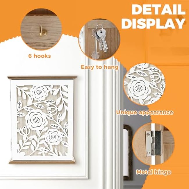 Wood Key Box, Wall Key Holder with 6 Key Hooks, Wood Key Cabinet, Multifunctional Holder Box for Entryway Doorway Hallway Living Room Bathroom