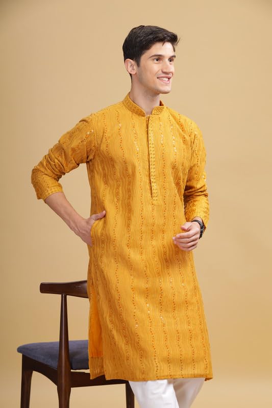 Be Active Men's Traditional Embroidered Lucknowi Design Full Sleeves Kurta || Cotton Kurta For Men || Men Kurta For Wedding || Kurta For Men (Sk0800 3 M)