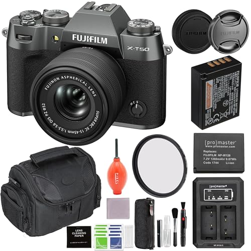 Fujifilm X-T50 Mirrorless Camera with 15-45mm Lens (Charcoal) Bundle with 52MM Protection Filter, Extra Battery, Charger and Advanced Accessories | Fuji xt50