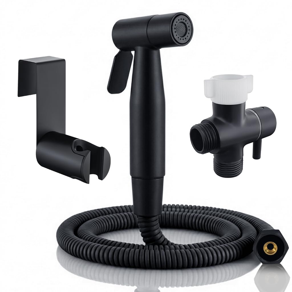 BARROCK - Rociador de bidé de mano para inodoro, de acero inoxidable, kit para limpiar pañales de tela, set de bidé para baño, limpieza de mascotas e higiene íntima, negro mate