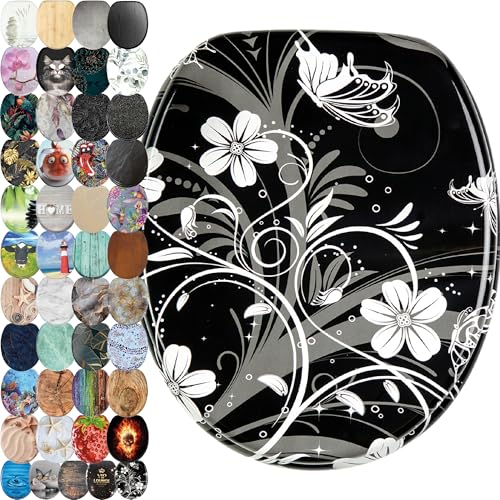 Sanilo Abattant WC, Grande sélection de lunettes de toilette, Finition de haute qualité, Charnières robustes, Fixation facile (Fleur blanche)