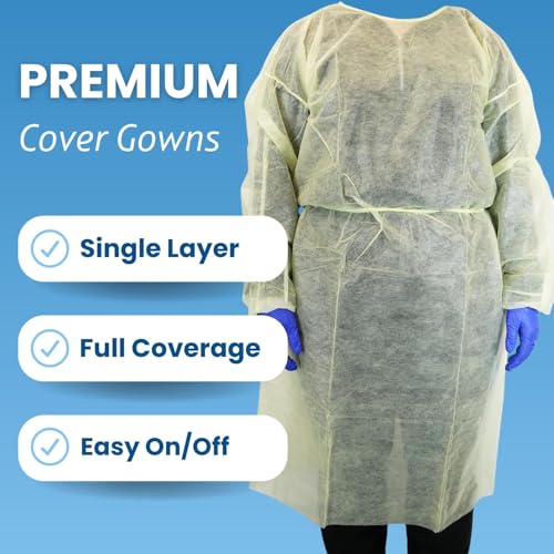 HCS PPE Gowns - Disposable Gowns, Medical - Single Layer, Spunbound Isolation Gown Disposable - Elastic Cuffs, Neck & Waist Tie - Home, Clinic, Dentist, Hospital - Yellow Cover Gown, Large (10 Pack) - Image 3