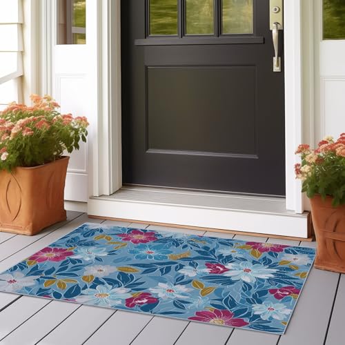Alfombra Larga Pasillo 60x240 cm Antideslizante Lavables en Lavadora Carpet Cocina Comedor Habitacion Tapetes Racimos Florales Colores Pastel Lujo Discreto Pelo Corto Tapete Azul