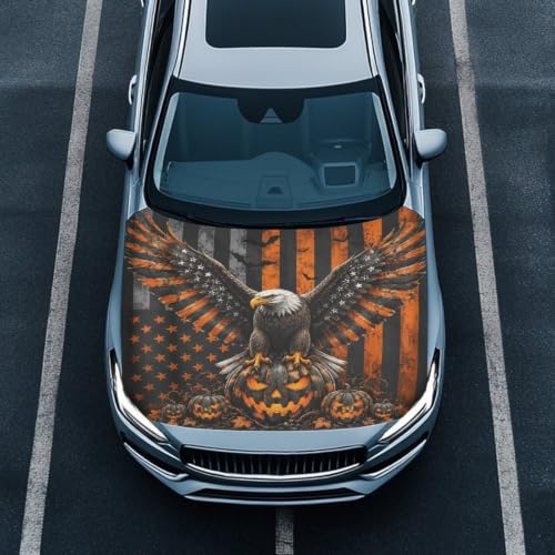 Image of Halloween Eagle Design Car Hood Cover Protector for SUV Sedans Trucks 59x39 Inch Stretchable Car Hood Wrap Blankets Waterproof Sun Proof Auto Patriotic Decorations