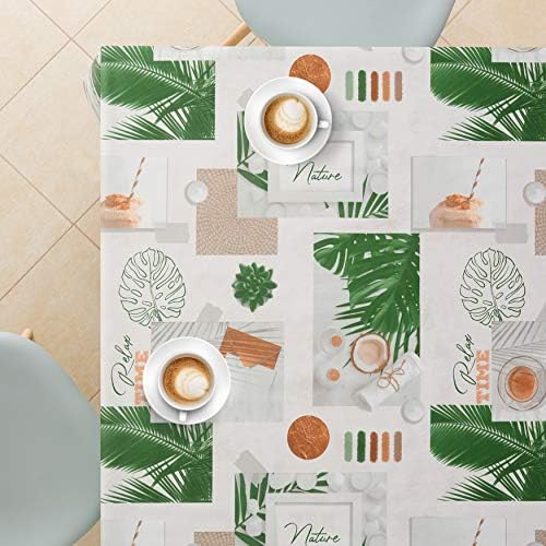 KP HOME PVC Table Cloth Wipe Clean Tablecloth Oilcloth Rectangle 200x140 cm - 6 Seats Grey SPA Zen Pattern Green Palm Leaves Waterproof Vinyl White Wipeable Table Cloth Plastic Table Cover Textil Look