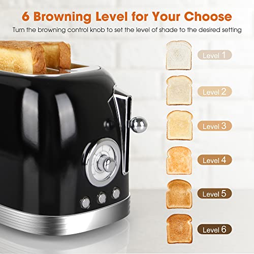 Crownful 2-Slice Toaster, Extra Wide Slots Toaster, Retro Stainless Steel With Bagel, Cancel, Defrost, Reheat Function And 6-Shade Settings, Removal Crumb Tray, Black #TOP2
