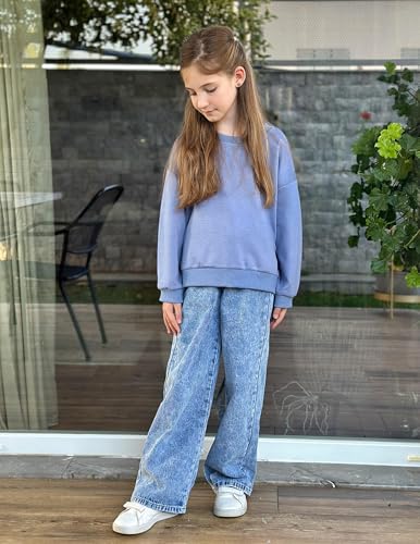 Image of Arshiner Girls Crewneck Sweatshirt Long Sleeve Pullover Tops Drop Shoulder Sweatshirts Side Split