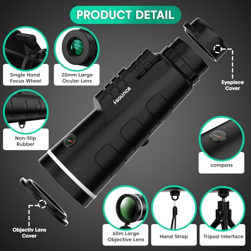 Image of Sounce 40X60 HD Monocular with Built-in Compass - High Power 40X Magnification Zoom Scope for Adults & Children, Compact Outdoor Gadget for Bird Watching, Wildlife, Sports, Hiking