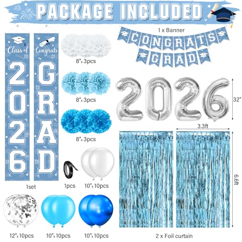 Image of Graduation Party Decorations Class of 2026, Graduation Decorations with Congrats Grad Banner Fringe Foil Curtain Paper Flower Ball Balloon for High School College Graduation Party Supplies, Light Blue