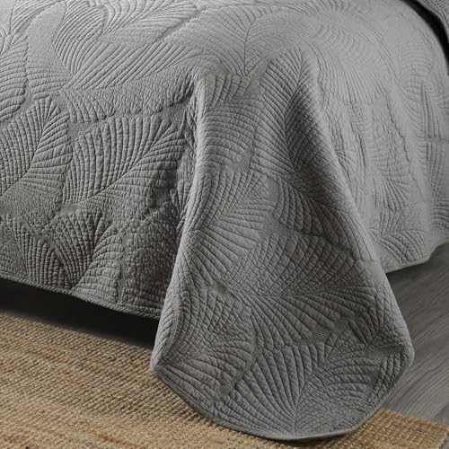 Colcha de algodón transpirable mixinni gris estampado palmeras queen 4