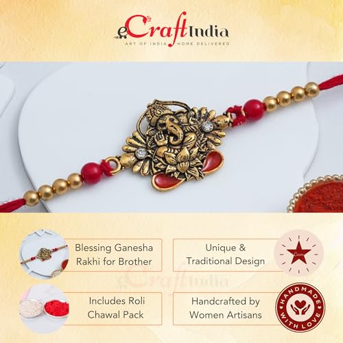 Image of eCraftIndia Blessing Ganesha Rakhi for Brother Bhaiya Bhai with Best Bro Ever Fridge Magnet | Roli Chawal Pack