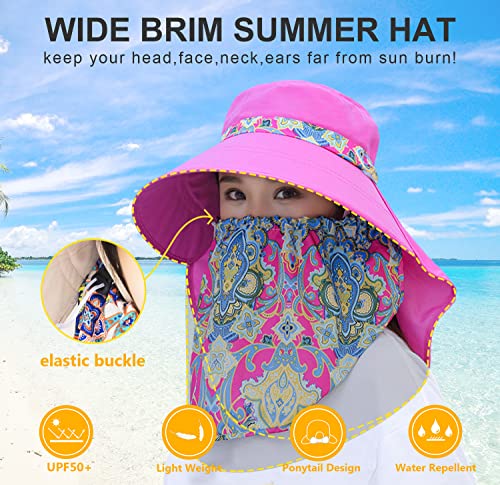 Image of Women Wide Brim Face Mask Sun Hat Detachable Neck Face Flap Ponytail UV Protection Visor Hat Garden Fishing Hiking