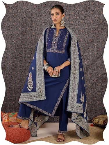 Image of INDO ERA Women's Pure Cotton Ethnic Motifs Printed Straight Kurta & Pant with Dupatta Set (IESTR11821)