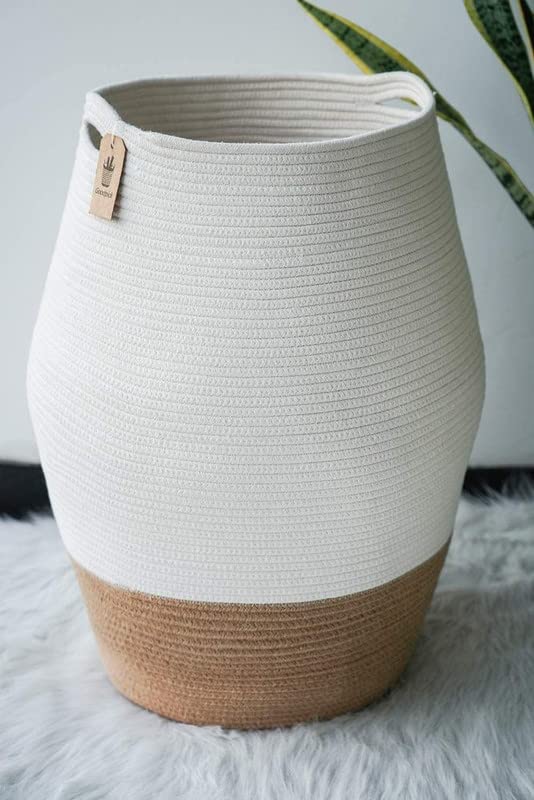 Image of GRATIFY Large Woven Rope Laundry Basket, 80 L Tall Dirty Clothes Hamper with Handles Storage Blankets, Toy for Bedroom, Living Room (brown white 1 Pcs)
