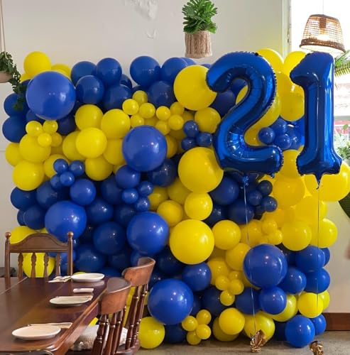 Image of Blue and Yellow Balloons, 12 Inch Double Stuffed Chrome Royal Blue and Yellow Confetti Latex Balloons for Graduation Celebrations Prom Baby Shower Birthday Party Decorations