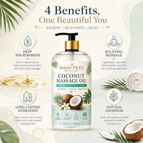 Image of TMPE Coconut Massage Oil for Body Massage, Lightweight Moisturizing Body Oil, Spa Massage Oil for Dry Skin, Relaxing Routine and Daily Body Care-300ml