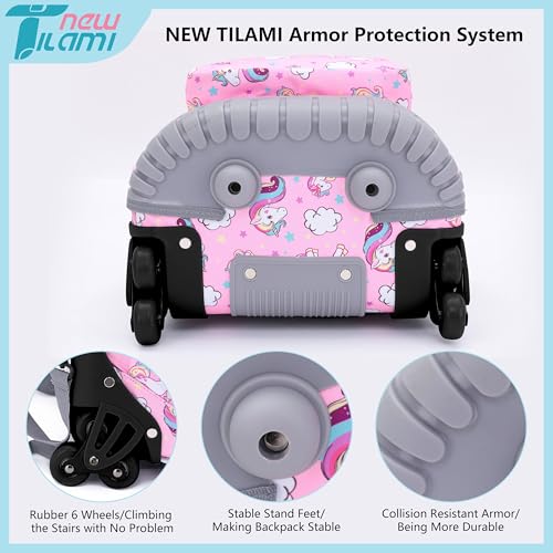 NEW TILAMI 18" Kids Rolling Backpack for School - Waterproof, Durable, Stair-Climbing, Variety of Colors Patterns for Girls & Boys, Cute Pink Unicorn4