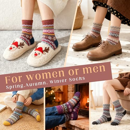 Image of LOCONHA Womens Wool Socks 5 Pairs Winter Warm Sock Thick Knit Cabin Cozy Crew Soft Socks Gifts for Women