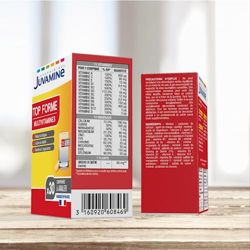 JUVAMINE Top forme, 12 Multivitamines & 10 Minéraux, Vitalité, Tonus, Aide à Réduire la Fatigue, Soutient l'Immunité, Programme de 1 Mois, 30 comprimés, Fabriqué en France – Image 3