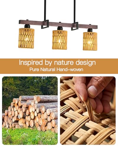 3-Light Kitchen Island Light Fixture, Linear Chandelier for Dining Room, Rustic Pendant Light Over Table, Handmade Woven Farmhouse Wicker Chandelier, Dark Wood Finish for Kitchen Island - image 3