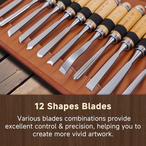 Falling in Art 12Pcs Wooden Carving Chisel Set, Woodworking Tools Set with a Leather Pouch, Full Size Knife Gouge Kit for Carving Projects, Ideal for Beginners and Professionals - Image 3