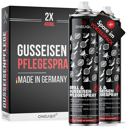 ONELIQIT® Vorteilspack Gusseisen Pflegespray 2x400ml, Dutch Oven Pflege mit Antihaftfunktion verhindert Anhaften des Grillguts, für die einfache Pflege von Grillrost, Dutch Oven und Pfannen