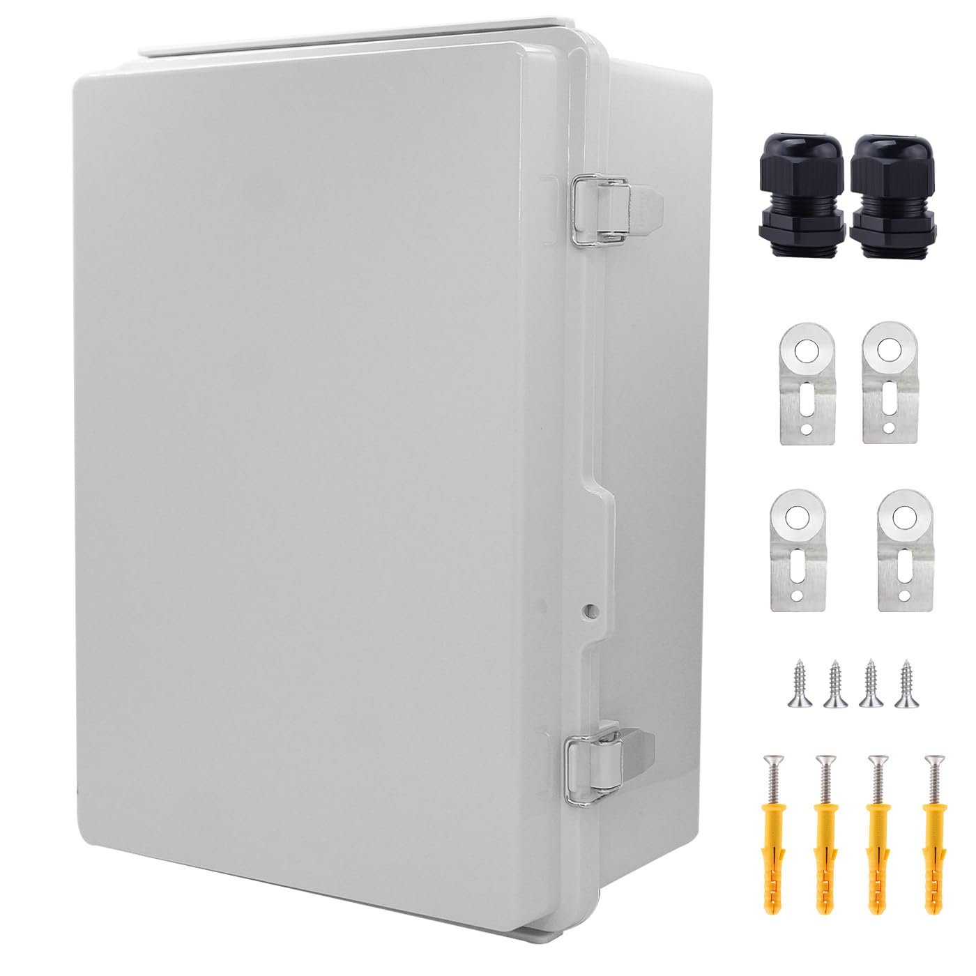 IP67 Waterproof Junction Box, ABS Plastic Electrical Enclosure with Stainless Steel Latch, Hinged Cover Electric Box with Mounting Plate, Wall Brackets & Cable Glands 370x270x150