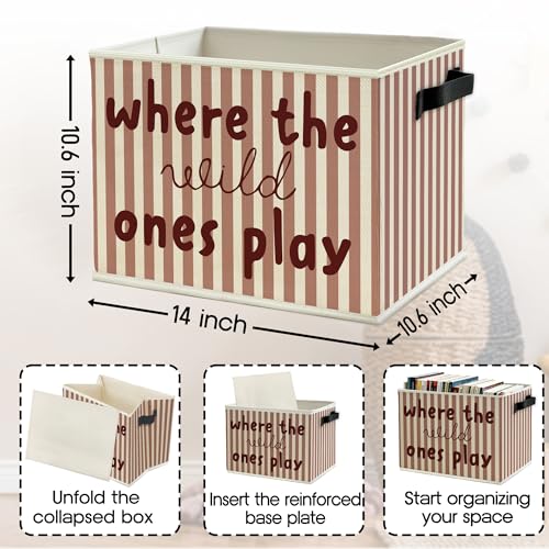 Image of Red Stripe Boho Classroom Storage Bins Box with Handles, Where the Wild Ones Play Collapsible Basket Organizer for Kids Playroom Nursery Bedroom Bathroom Books Clothes