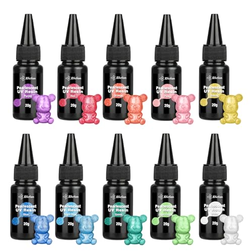 JDiction Colored UV Resin 10 Colors Pearlescent UV Resin Kit with Low Odor & Minimal Bubbles Dazzling Colored UV Resin Starter Kit for Jewelry Making Resin Casting Crafts Decoration -20g Each