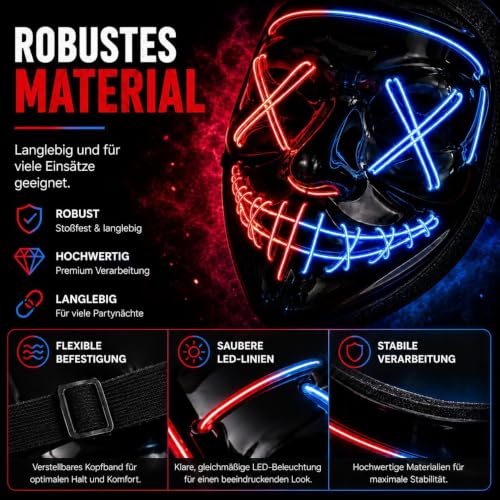 LED Purge Maske - Kostümmaske steuerbar für Halloween, Fasching & Karneval als Kostüm für Herren & Damen (Farbauswahl) (blau/rot) – Ansicht 3