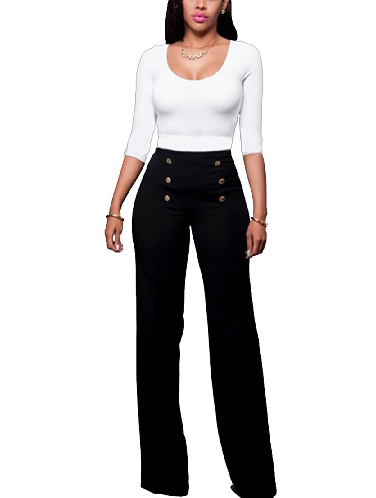 Women's Stretchy High Waisted Wide Leg Button-Down Pants Sailor Bell Flare Trousers