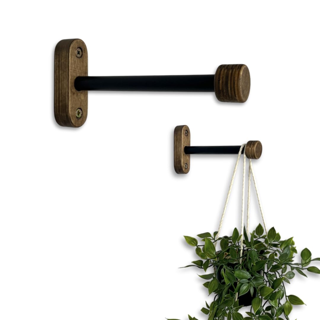 EvenWood 2-Piece Set of Wooden Plant Hooks for Wall with Sturdy Metal Tube - Plant Wall Hanger for Pots, Flower Brackets - Bracket Plant Hanger for