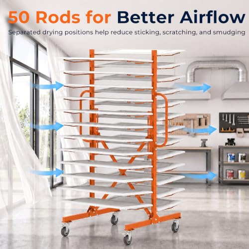 Image of MOOFI 25-Tier Paint Drying Rack with 50 Rods, Expandable Metal Cabinet Door Drying Rack with 5 Inch Locking Casters, Rolling Art Drying Rack for Workshop, Spray Booth, Garage