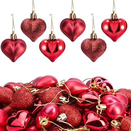 60pcs Valentine's Day Heart Ornaments - Valentine's Mother's Day Heart Baubles Shaped Hanging Ornaments Decoration for Valentine Tree Wedding Anniversary Party (Red)
