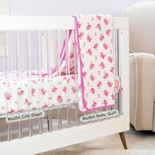 Image of LollyBanks Muslin Crib Sheet, 100% Cotton Fitted Crib Sheets for Girls | Airy gentle-touch fabric, 360 elastic edge for a secure fit on 52 x 28 in standard mattresses (Rosebud)