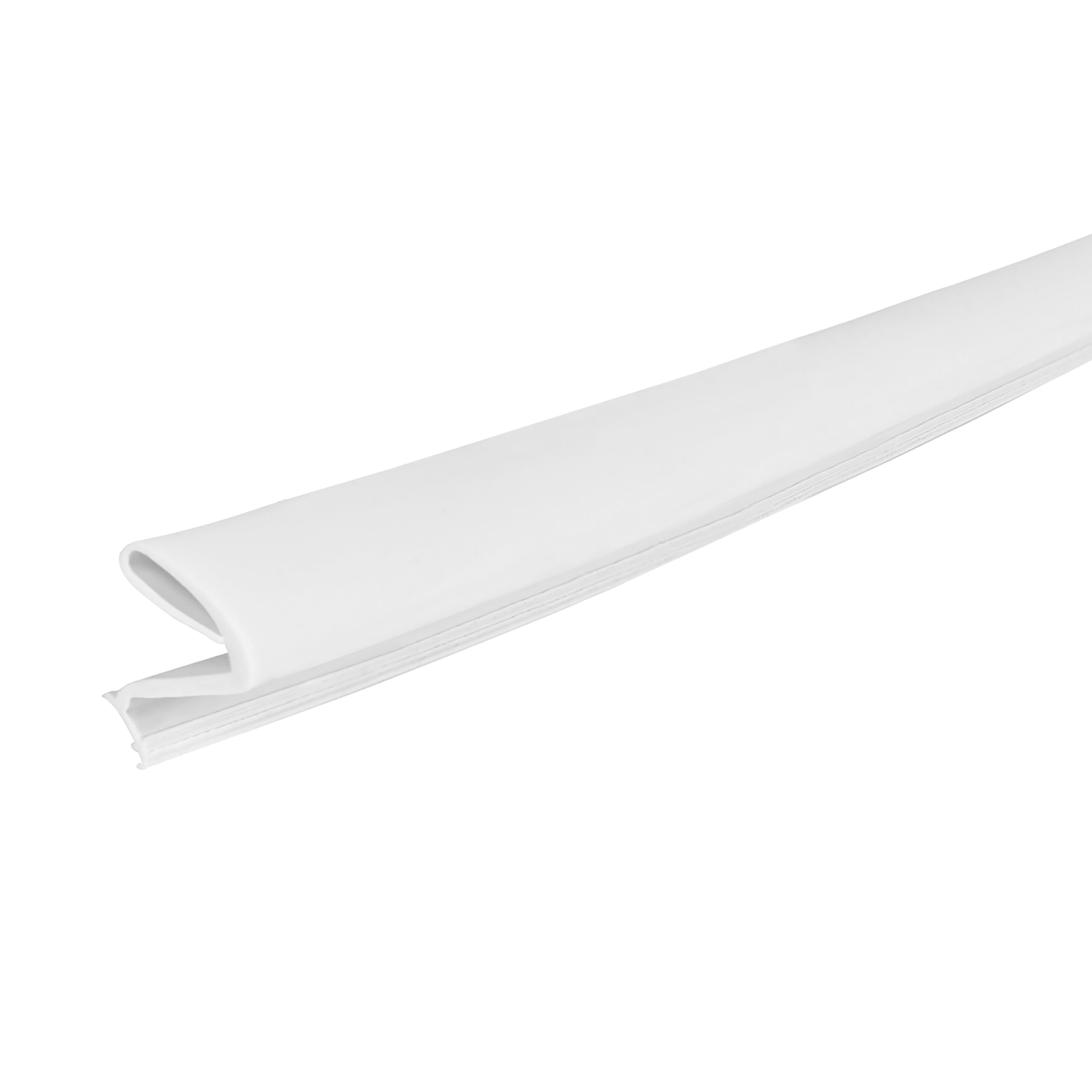 Close-up of the white M-D Building Products Platinum XL Door Seal, showing its profile designed for kerf installation.