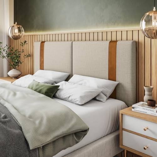 Cabeceira Dobrável Estofada em Linho, 138 cm, Casal, Bege, Montag...