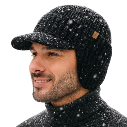 Image of TOP-EX DryKnit™ XL/XXL Waterproof 80% Merino Wool Peaked Beanie Hat Men Large Head with Ear Flaps & Fleece Lined, Winter Warm Golf Visor Beanie Hat Windproof for Golf Outdoor Work, Black