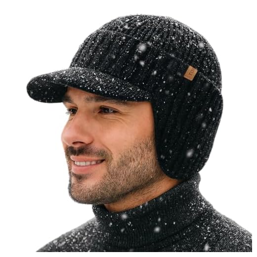 TOP-EX DryKnit™ XL/XXL Waterproof 80% Merino Wool Peaked Beanie Hat Men Large Head with Ear Flaps & Fleece Lined, Winter Warm Golf Visor Beanie Hat Windproof for Golf Outdoor Work, Black