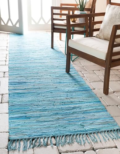 Rugs.com Chindi Cotton Collection Rug – 6 Ft Runner Light Blue Flatweave Rug Perfect for Hallways, Entryways