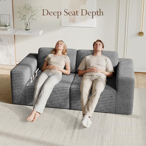 Image of Vesgantti 80 inch Modular Sectional Sofa, Corduroy Cloud Couch with Deep Seating & Spring Support, 2 Seater Compact Modular Couch, Boneless Sectional Sofa for Small Spaces, No Assembly Required, Grey
