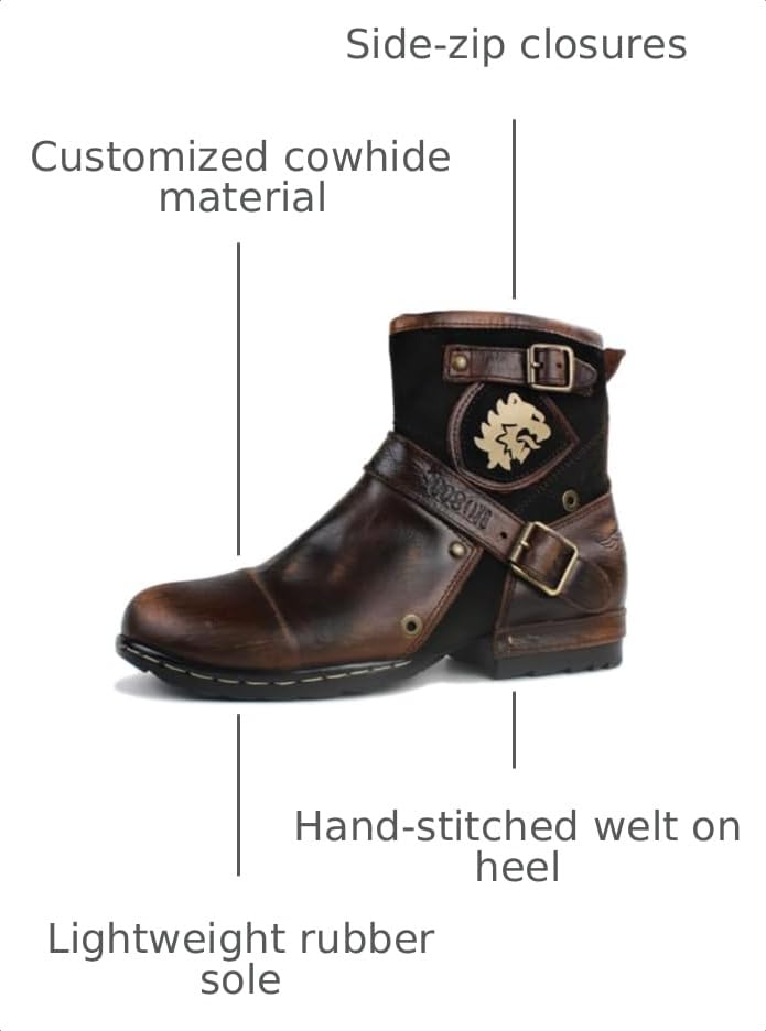 Image of OSSTONE Moto Boots for Men Fashion Zipper-up Leather Chukka Boots Casual Shoes OS-5008-1-BP-US-R Vintage Brown