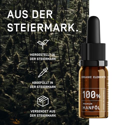 ORGANIC ELEMENTS Premium Hanföl – hochdosierte Hanftropfen – 200 mg pro Tagesdosis – schonend kaltgepresstes Hanfsamenöl mit hohem Omega 3, 6 & 9 Gehalt aus der Steiermark – 10 ml