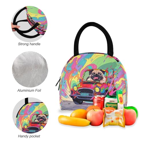 Pug Driving Print Backpack Set with Lunch Bag, Large Capacity Travel Backpacks and Lunch Box Insulated for Commute Hiking Picnic4