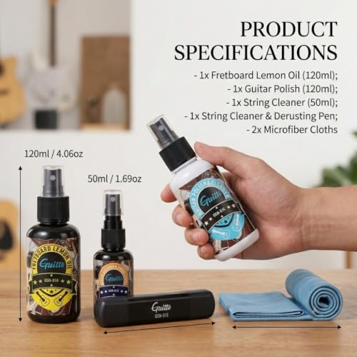 Image of Guitar Cleaning Kit All in One - Guitar Care Kit with Fretboard Lemon Oil, Guitar Polish, String Cleaner for Acoustic Guitar, Electric Guitar, Bass - Microfiber Cloths GSN-01