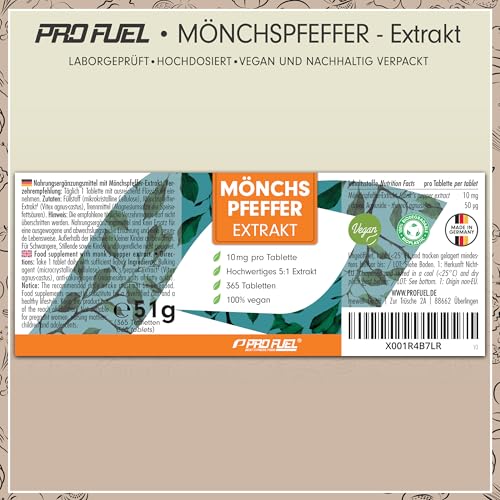 Mönchspfeffer hochdosiert - 365 Tabletten - 10mg hochwertiges Mönchspfefferextrakt (5:1), entspricht 50 mg reinem Mönchspfeffer (Vitex Agnus Castus) - laborgeprüft mit Zertifikat - 100% vegan