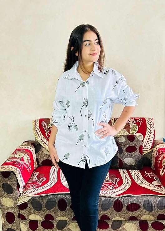 Image of Women's Stylish Regular wear Cotton Printed Collared Neck | Long Sleeve Shirt Suitable for Function High Energy Front Botton | Long Shirt for Women