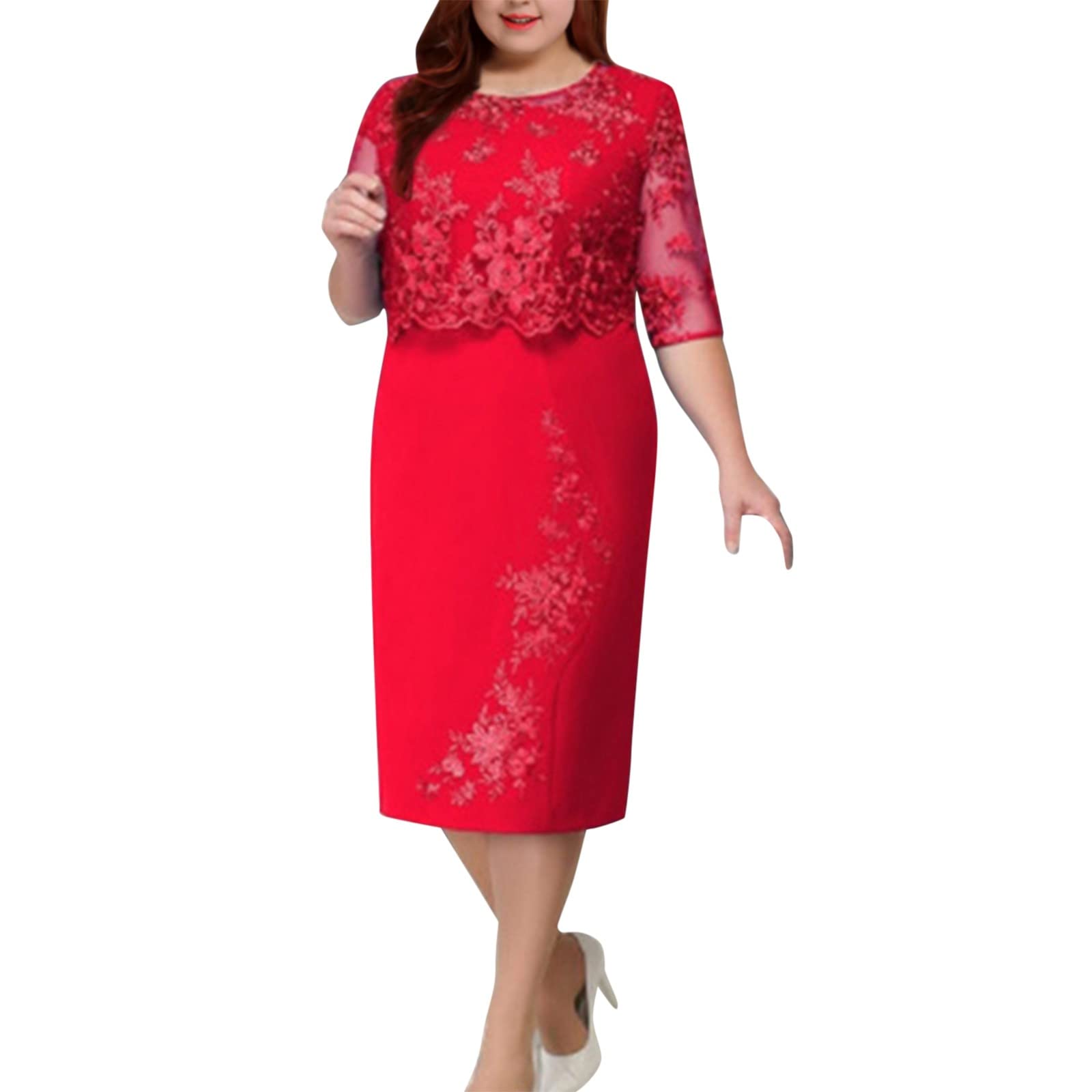 YOGALULU Vestidos De Mujer Media Manga Vestido Formal Elegante de Talla Grande para Mujer, Vestido Midi Corto con Cremallera en la Espalda Vintage, Vestido de Fiesta Floral Vestido Invitada Boda Talla Grande